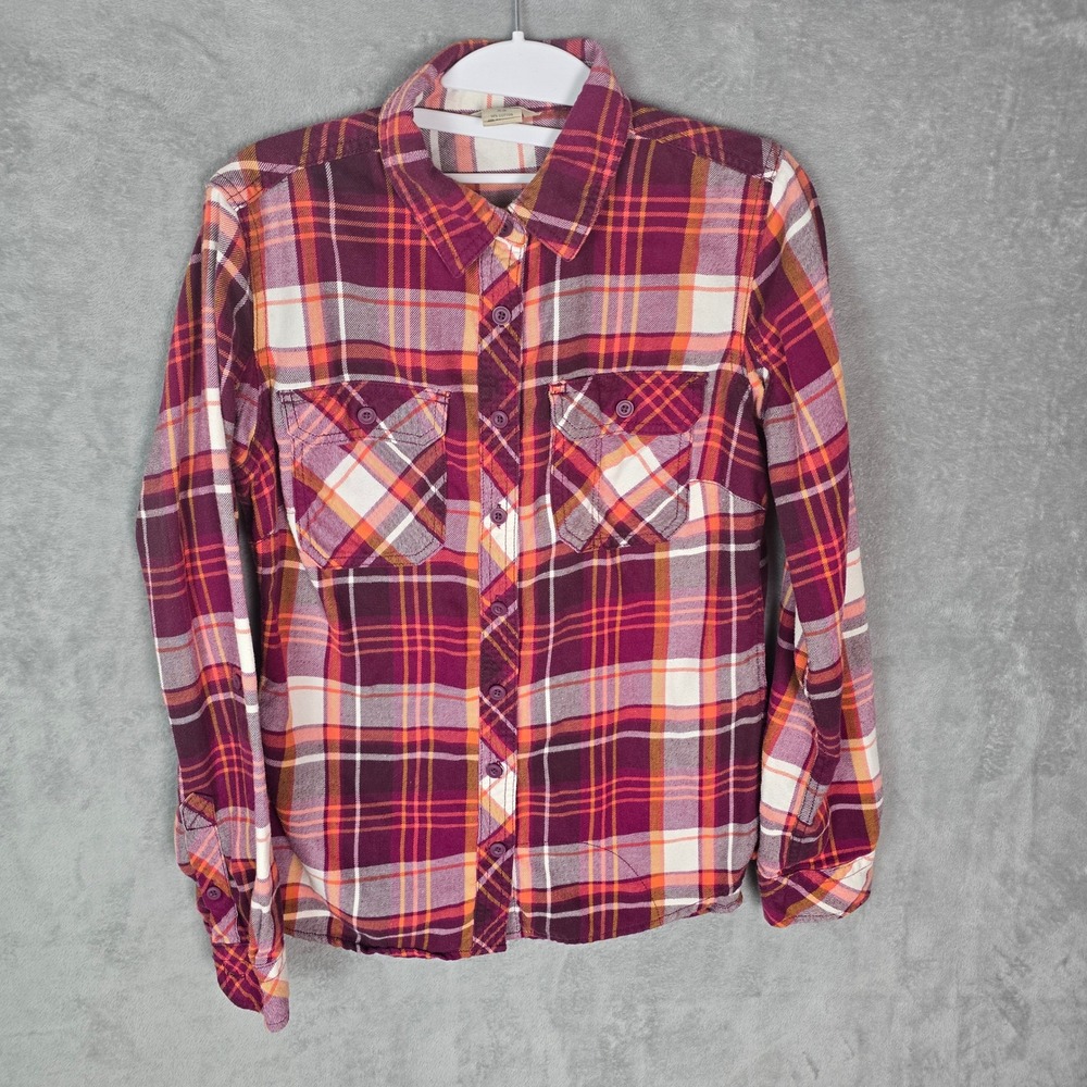 Duluth Trading Co Womens XS Plaid Button Down Shirt Burgundy Orange Cotton Blend